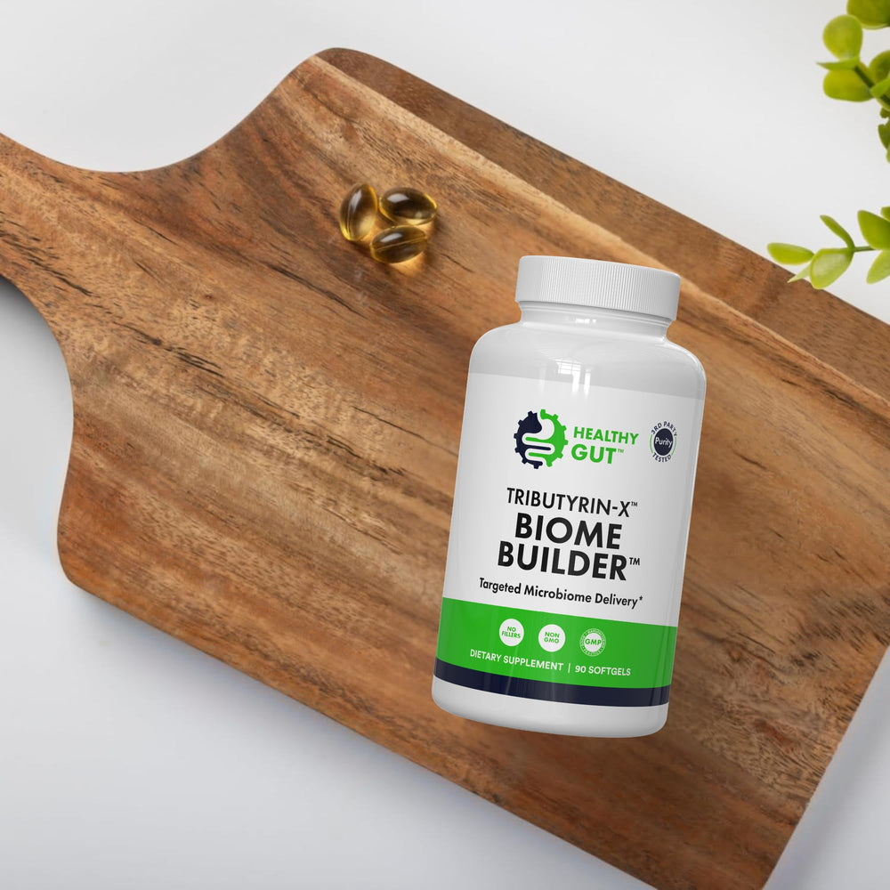 Healthy Gut Tributyrin-X 90-softgel bottle on shelf promoting gut support