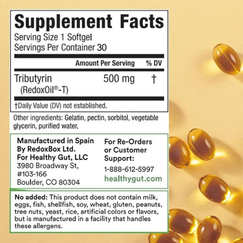 Healthy Gut Tributyrin-X softgels, easy to swallow for daily gut support.