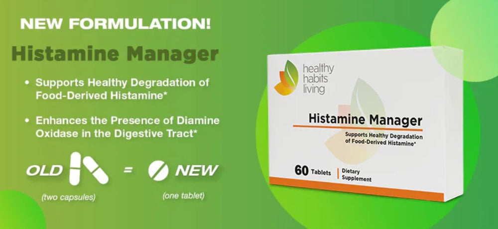 Healthy Habits Living Histamine Manager label notes 20,000 HDU per tablet.