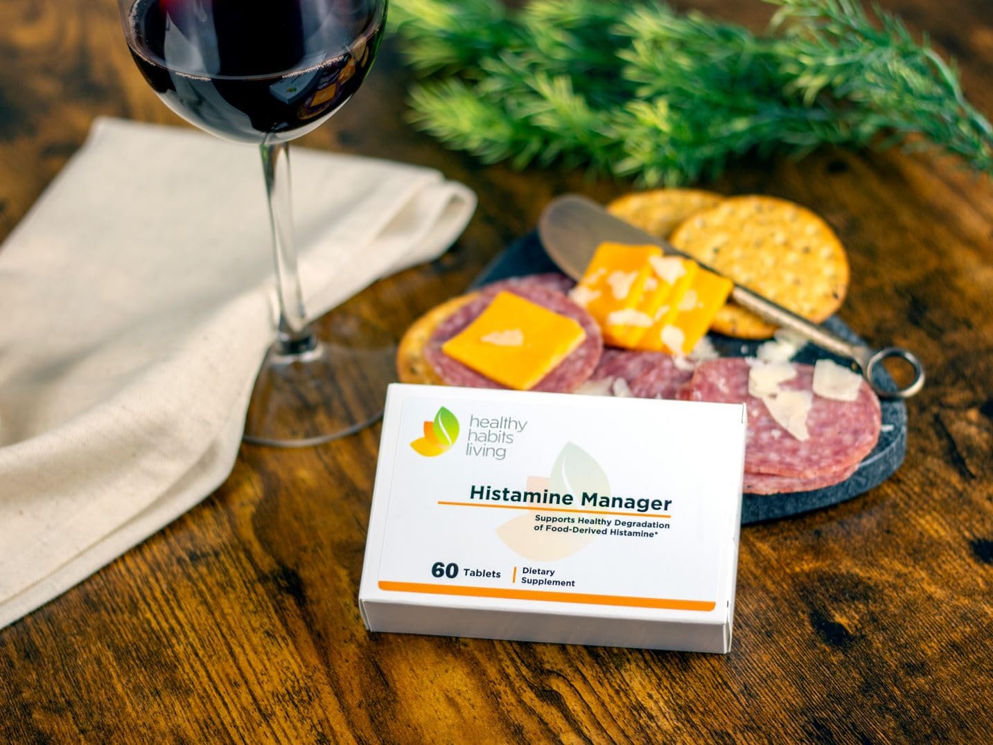 Healthy Habits Living Histamine Manager tablet with water for easy consumption.