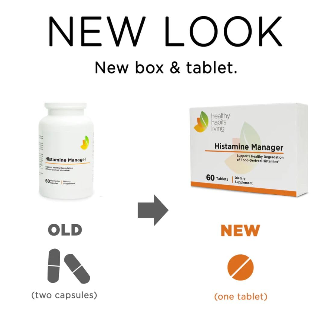 Healthy Habits Living Histamine Manager packaging box highlights GMO-free, gluten-free formula.