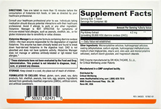 Healthy Habits Living Histamine Manager tablets shown in a close-up for high potency DAO.