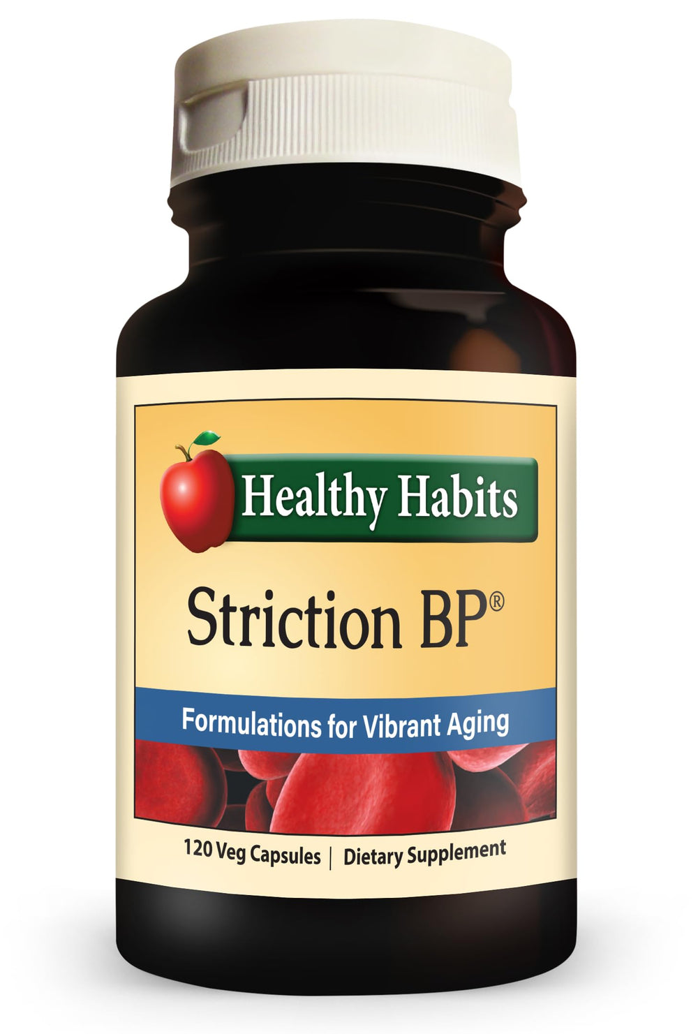 Healthy Habits StrictionBP bottle front with 120 veggie capsules for daily wellness.