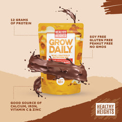 Healthy Heights Grow Daily chocolate powder ready to mix into milk for a protein boost.
