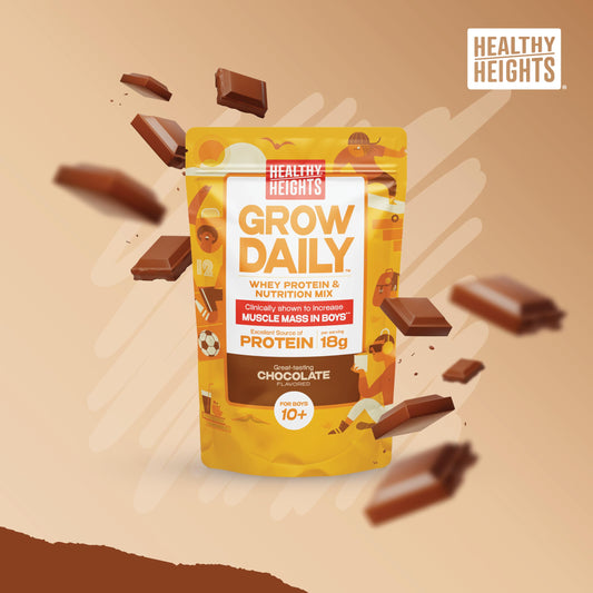 Healthy Heights Grow Daily serving cup with chocolate shake after school, ready to drink.