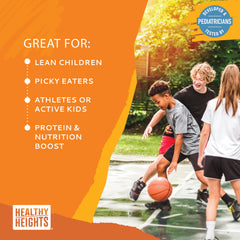 Healthy Heights Grow Daily shake in a clear bottle, kid-friendly protein option.