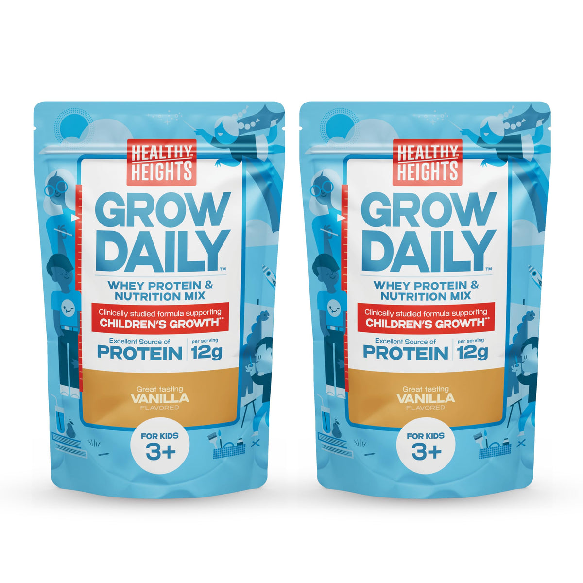 Healthy Heights Grow Daily vanilla protein drink mix bags ready for families