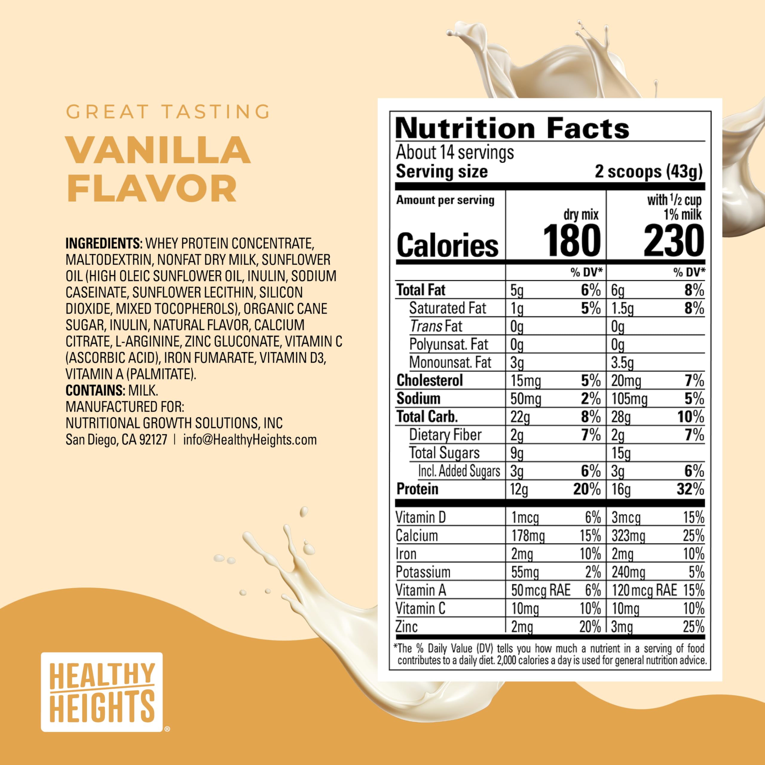 Close-up of Healthy Heights vanilla nutrition label