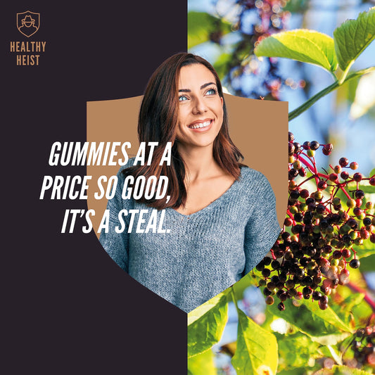 Healthy Heist Sambucus elderberry gummies berry flavor closeup showcasing tasty chew