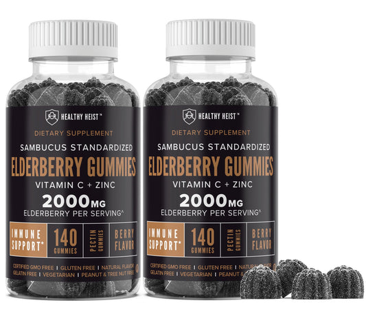 Healthy Heist Sambucus elderberry gummies bottle front with berry flavor and immune support