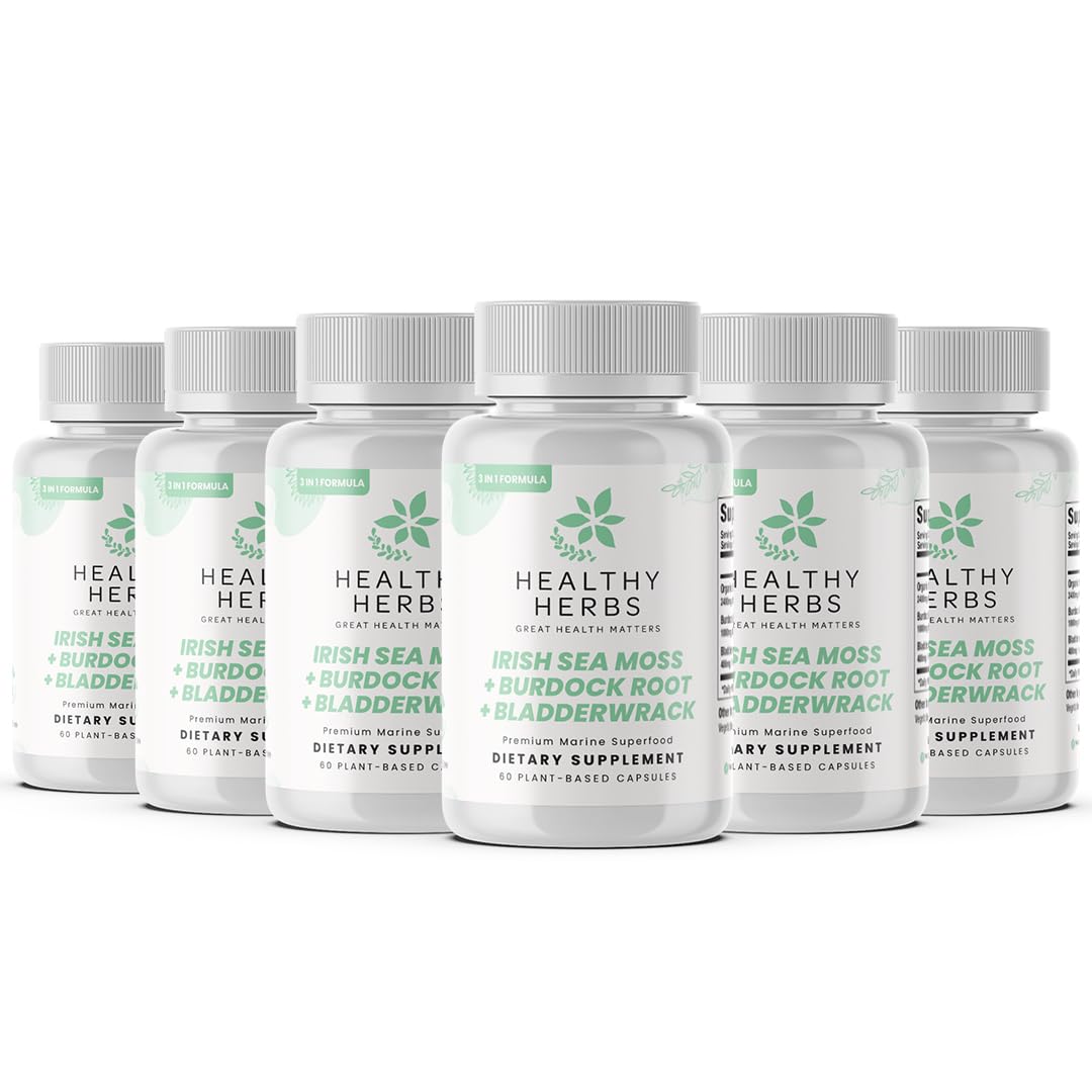 Healthy Herbs Wildcrafted Sea Moss Capsules bottle, easy daily plant-based supplement for vitality.