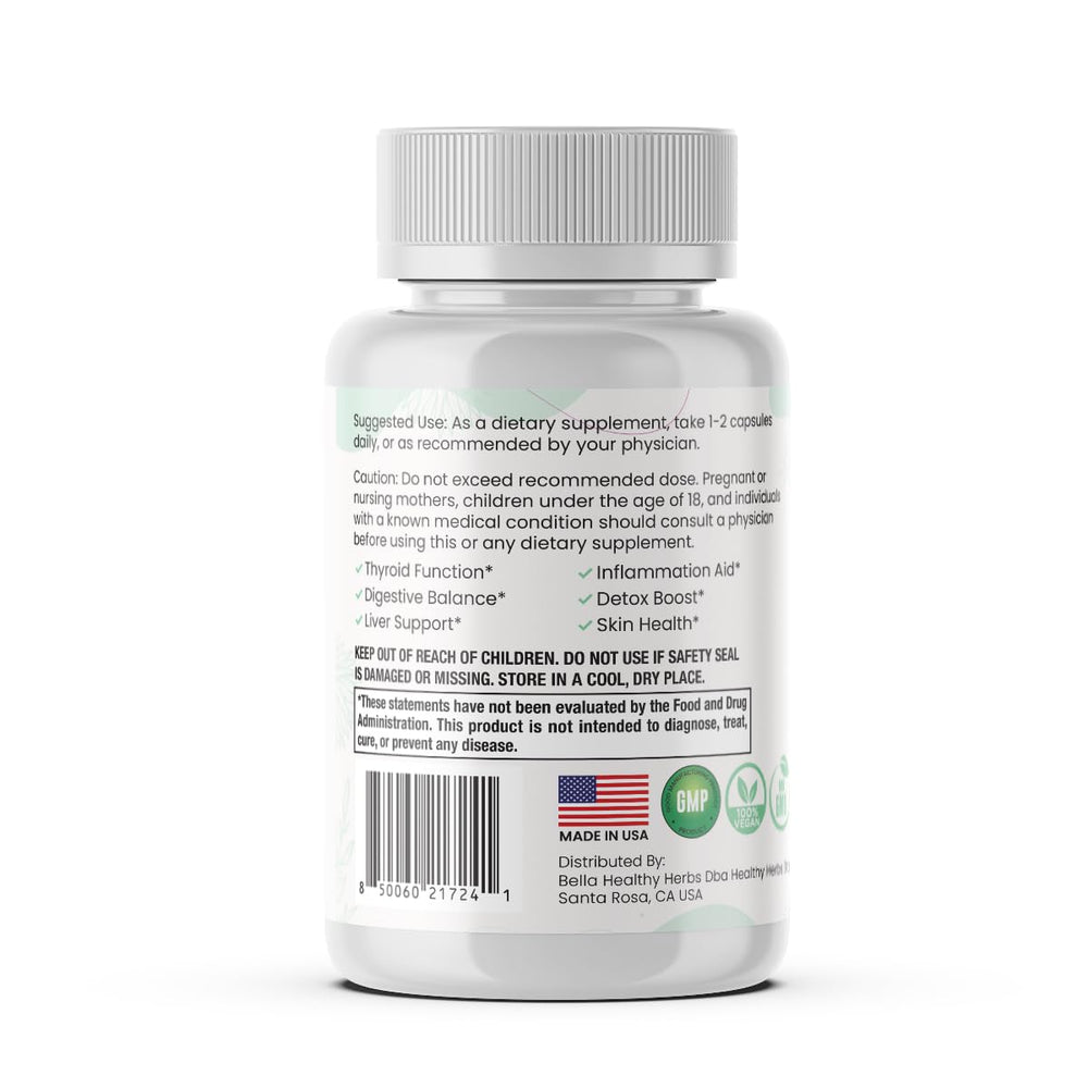 Healthy Herbs Sea Moss Capsules ingredients display with burdock root and bladderwrack for daily wellness.