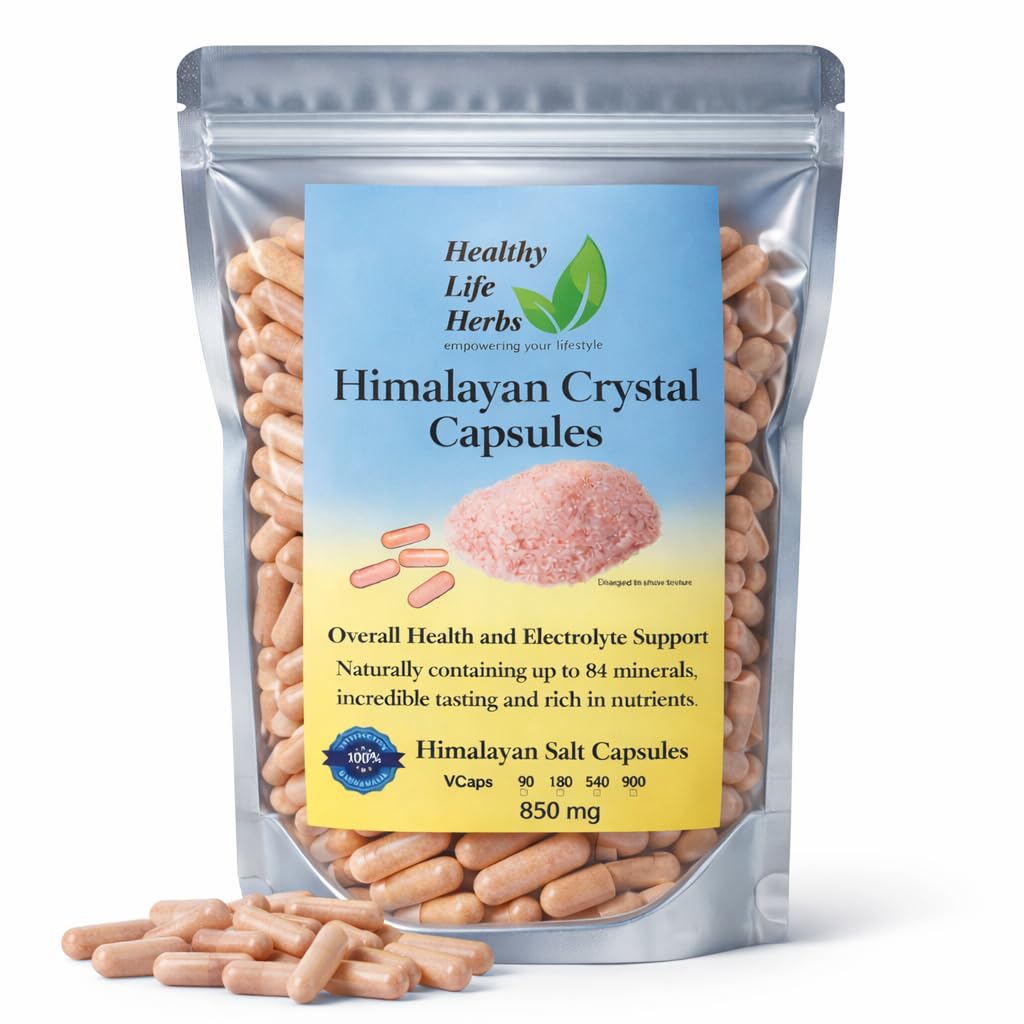 Healthy Life Herbs pink Himalayan salt capsules bottle highlighting minerals for electrolyte balance