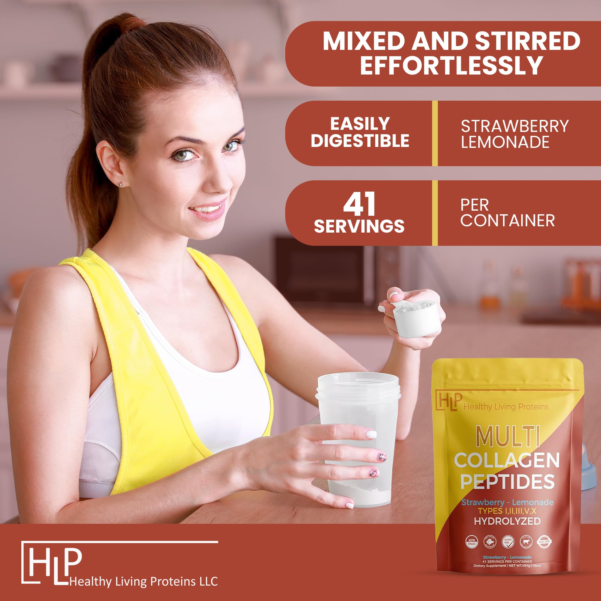 Healthy Living Proteins Multi Collagen powder being stirred into coffee for easy morning use