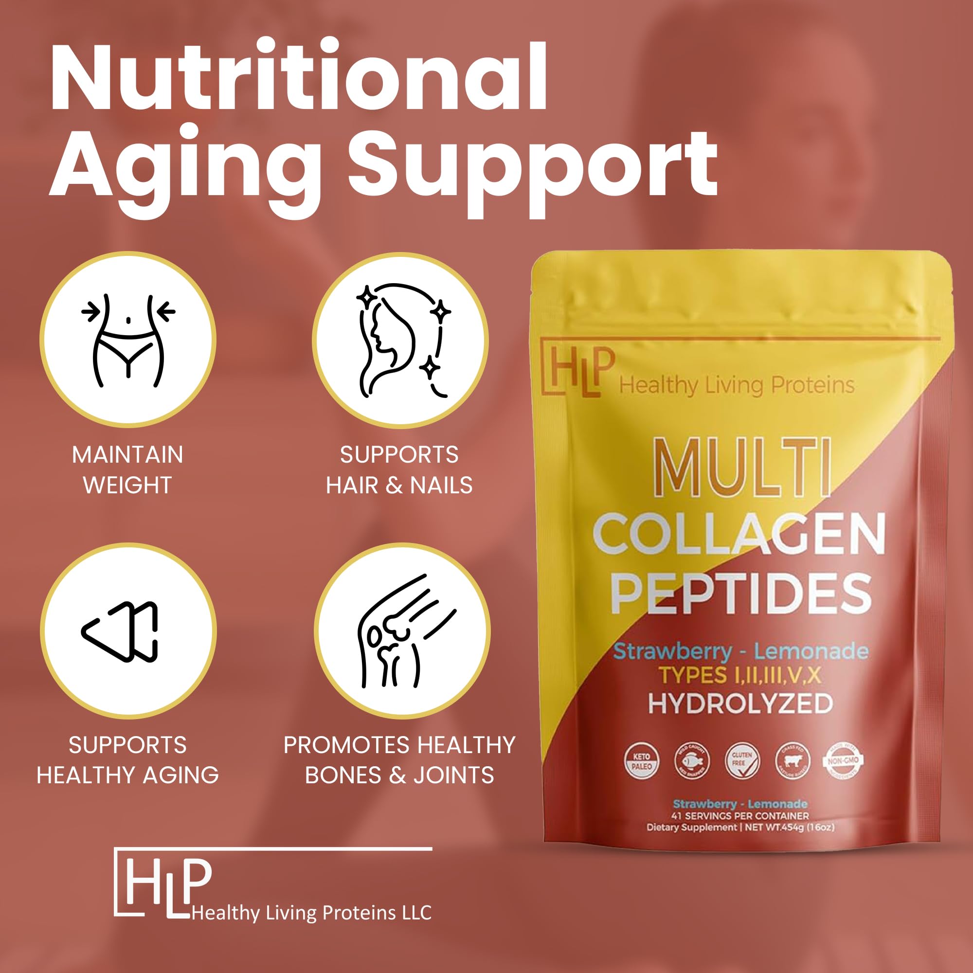 Healthy Living Proteins Multi Collagen powder in a strawberry-lemonade glass highlighting flavor