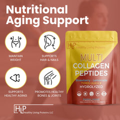 Healthy Living Proteins Multi Collagen powder in a strawberry-lemonade glass highlighting flavor