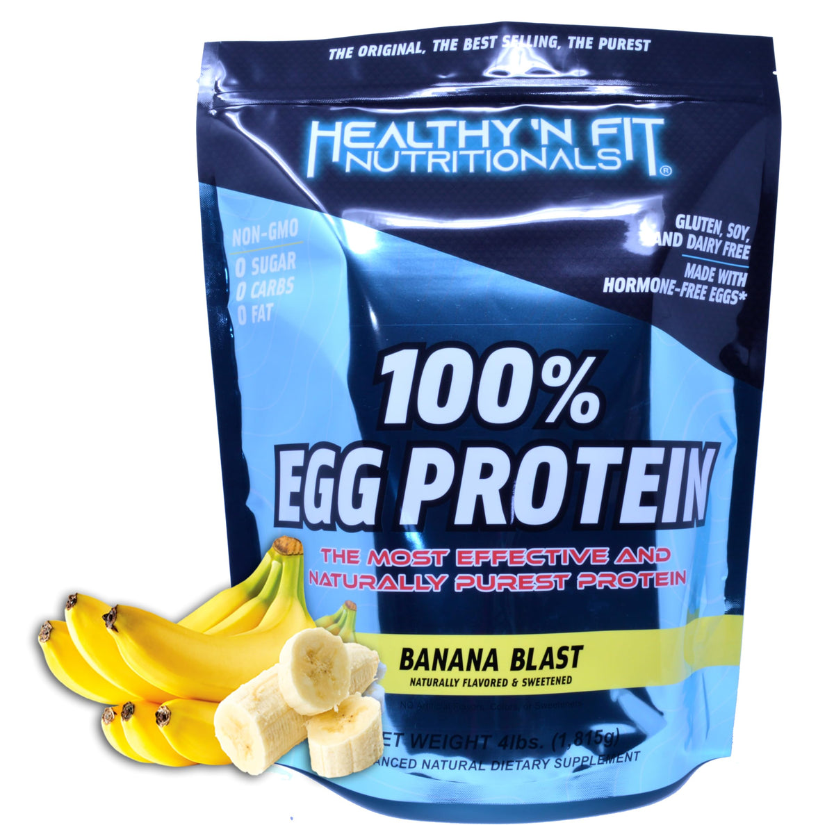 Healthy 'N Fit 100% Egg Protein Banana Blast bottle showing pure egg white protein for daily shakes.