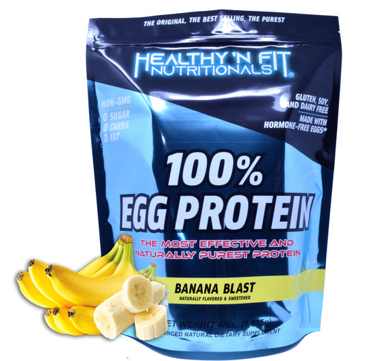 Healthy 'N Fit 100% Egg Protein Banana Blast bottle showing pure egg white protein for daily shakes.