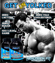 Healthy 'N Fit 100% Egg Protein Banana Blast packaging featuring zero lactose and zero sugar.