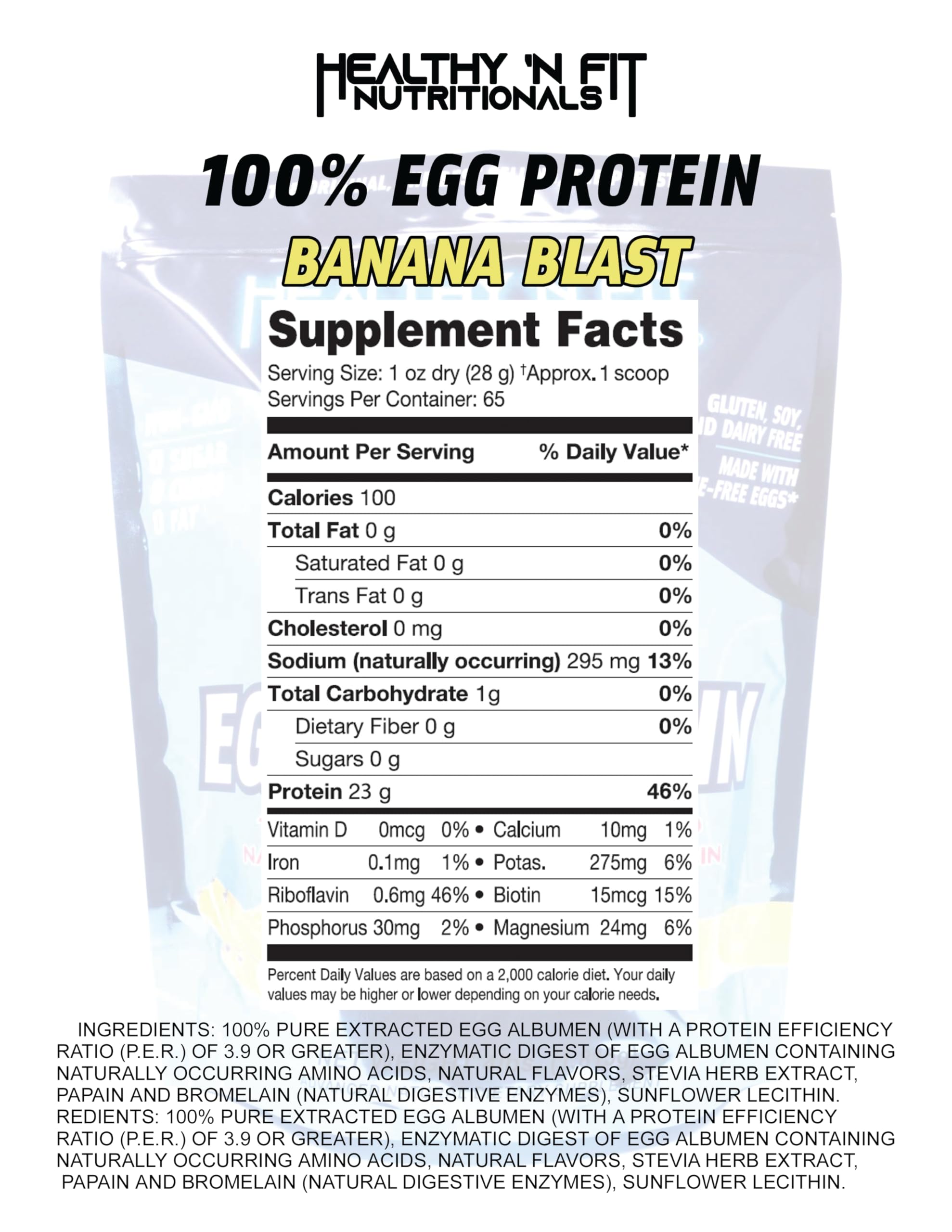 Healthy 'N Fit 100% Egg Protein scoop highlighting high-purity protein for shakes.