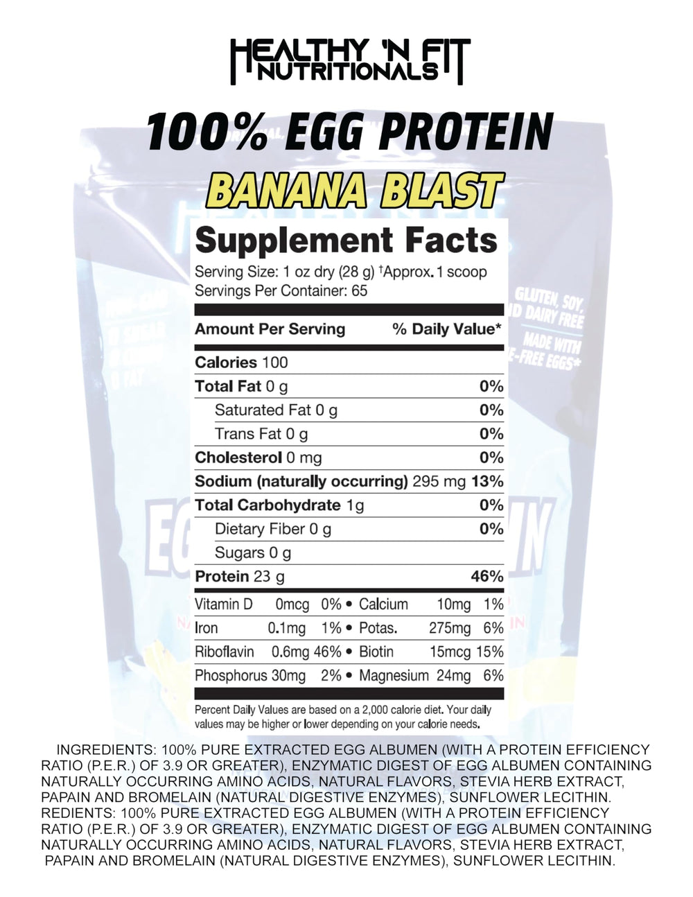 Healthy 'N Fit 100% Egg Protein scoop highlighting high-purity protein for shakes.
