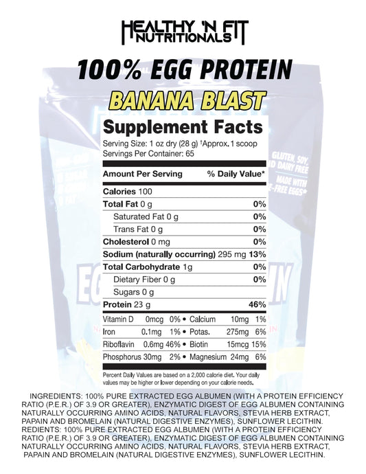 Healthy 'N Fit 100% Egg Protein scoop highlighting high-purity protein for shakes.
