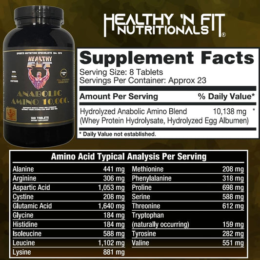 Healthy 'N Fit Amino 10,000 bottle back highlights ingredients and purity for reliable daily amino support.