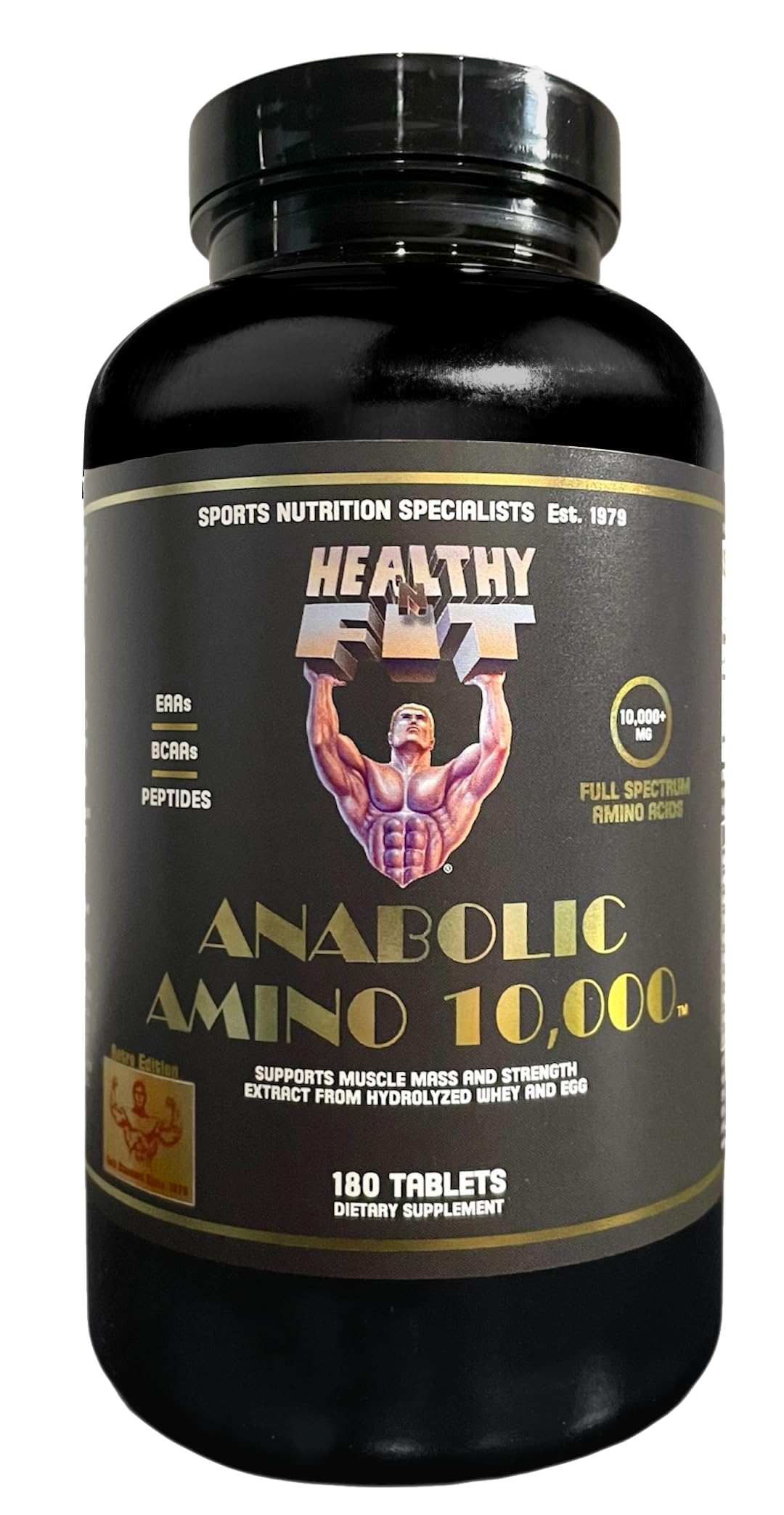 Healthy 'N Fit Amino 10,000 bottle front shows a high-purity hydrolyzed amino blend for athletes.