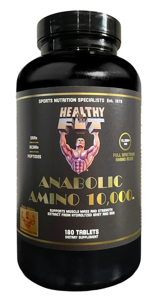 Healthy 'N Fit Amino 10,000 bottle front shows a high-purity hydrolyzed amino blend for athletes.