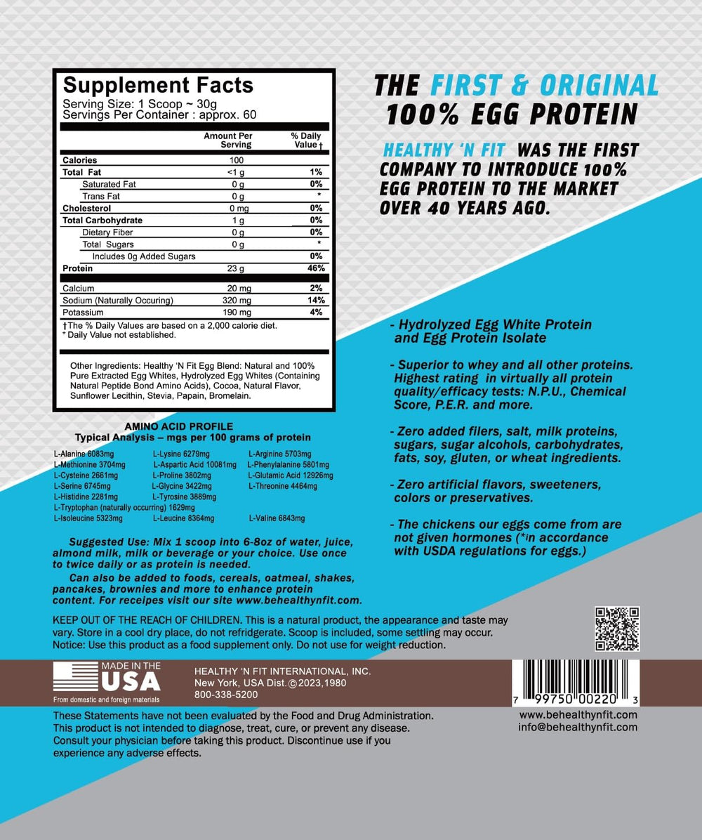 Healthy 'N Fit egg protein chocolate bottle label highlights zero lactose and sugar.