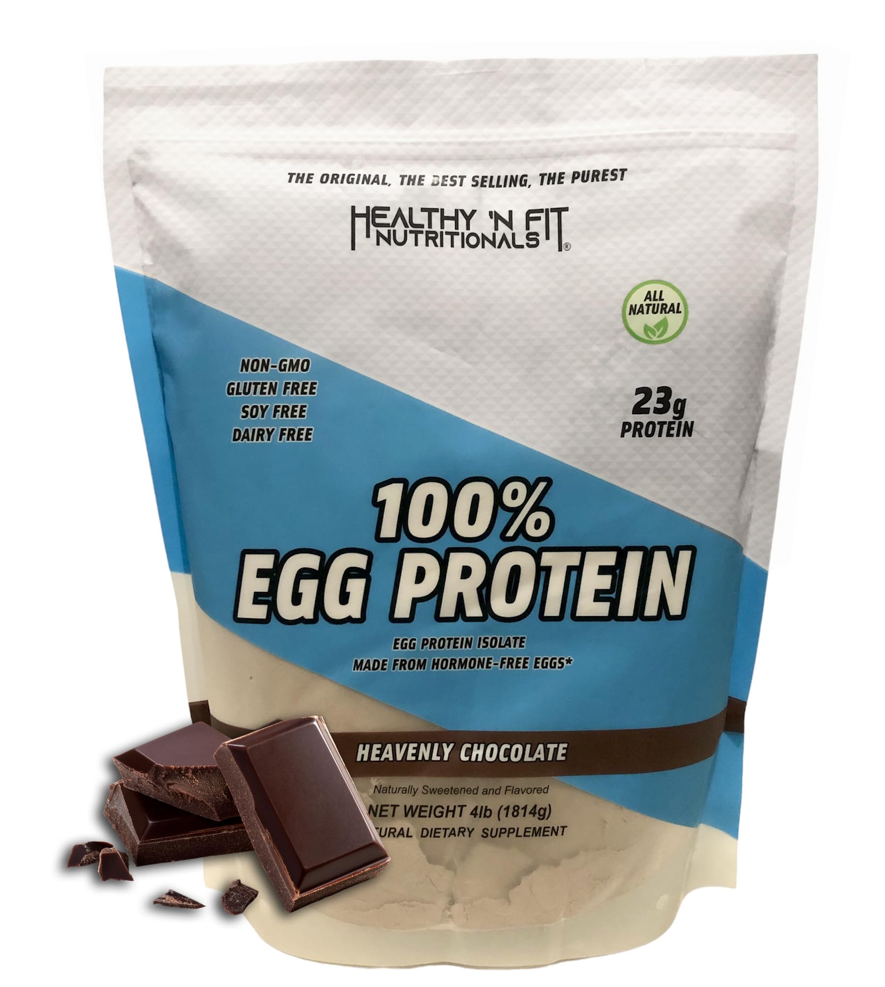 Healthy 'N Fit egg protein chocolate powder in a canister for shakes.