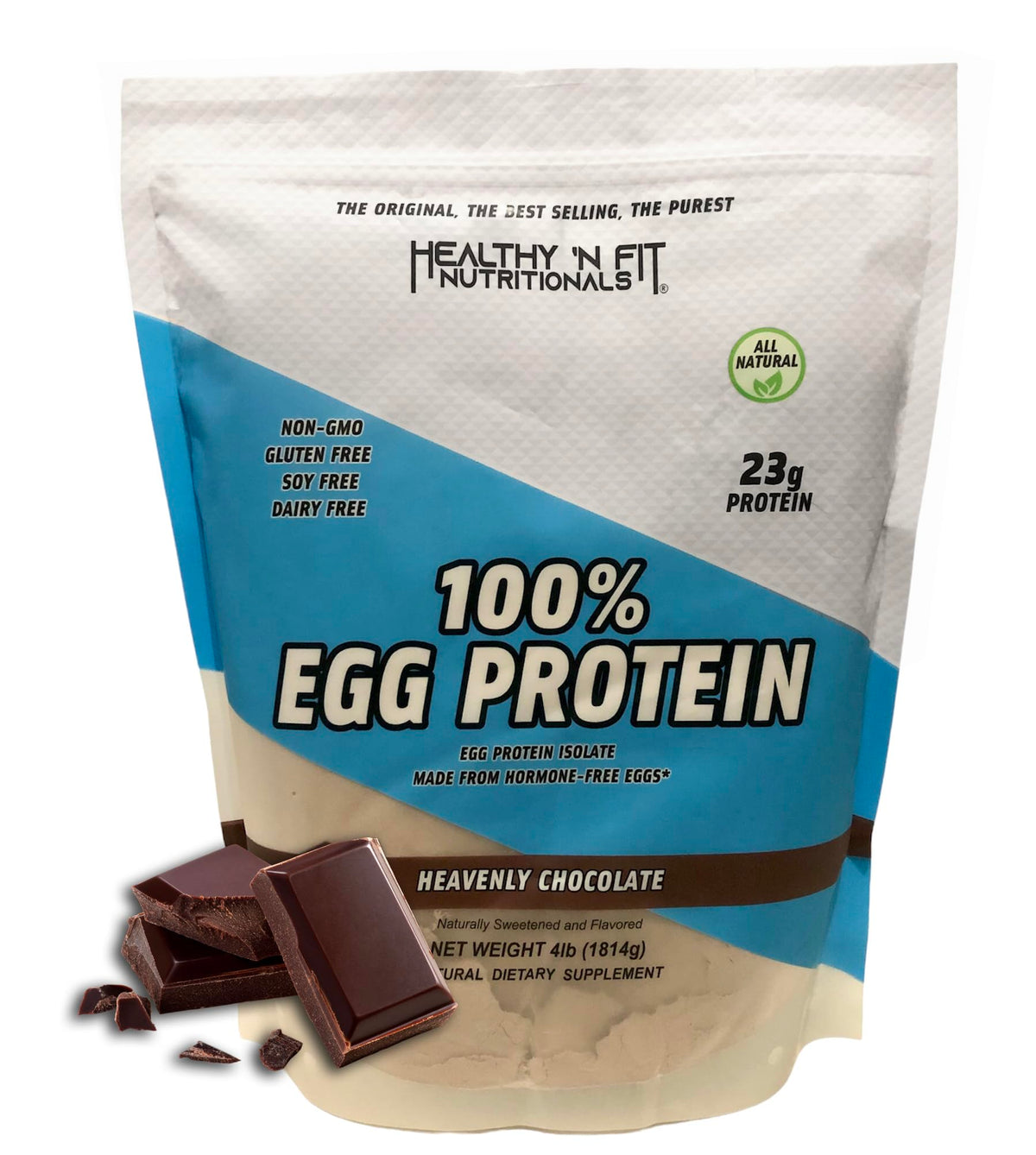 Healthy 'N Fit egg protein chocolate powder in a canister for shakes.
