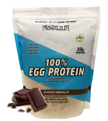 Healthy 'N Fit egg protein chocolate powder in a canister for shakes.