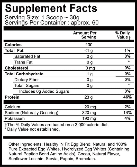 Healthy 'N Fit egg protein chocolate scoop for easy portioning.