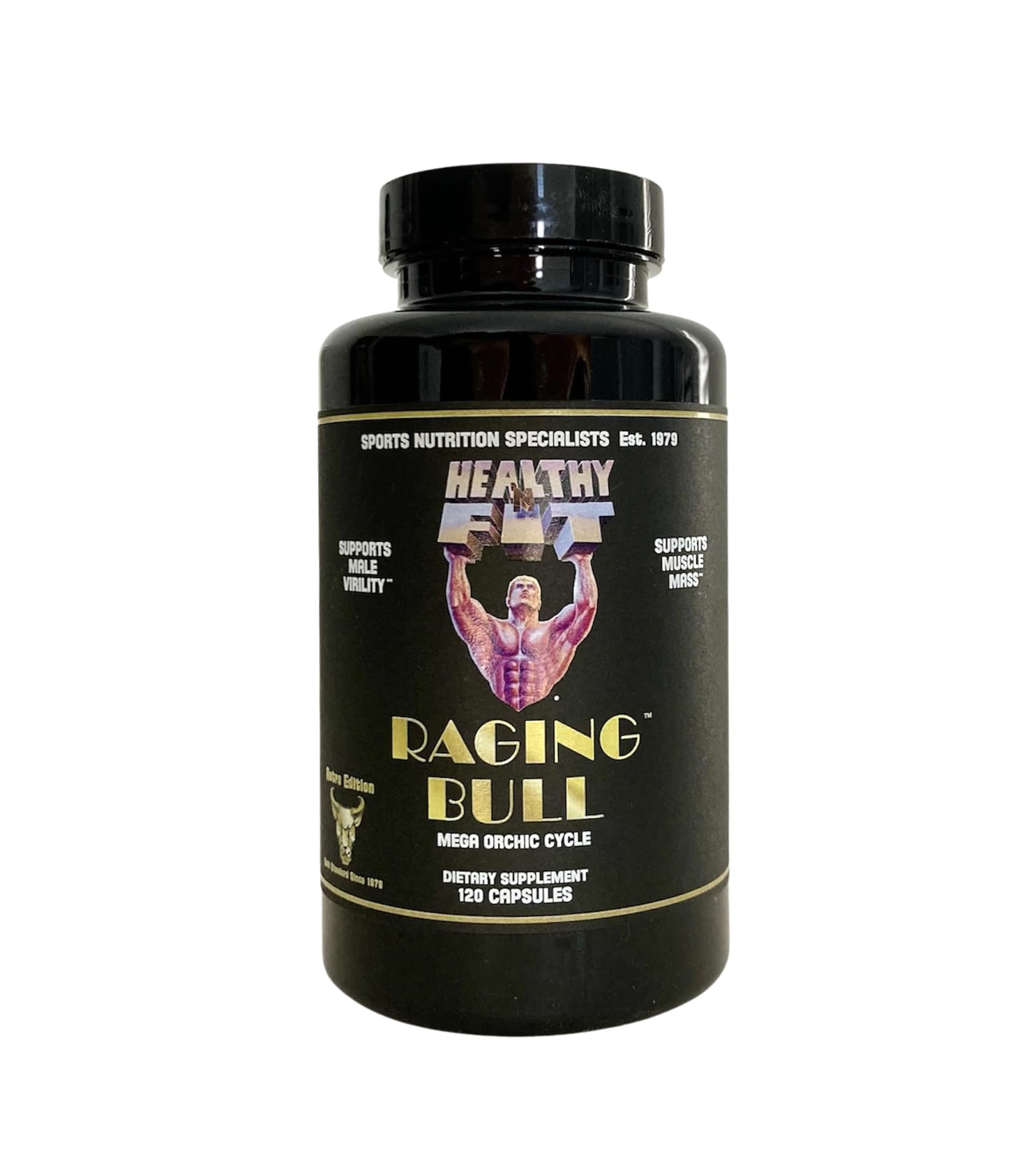 Healthy 'N Fit Raging Bull Mega Orchic bottle demonstrates premium raw glandular