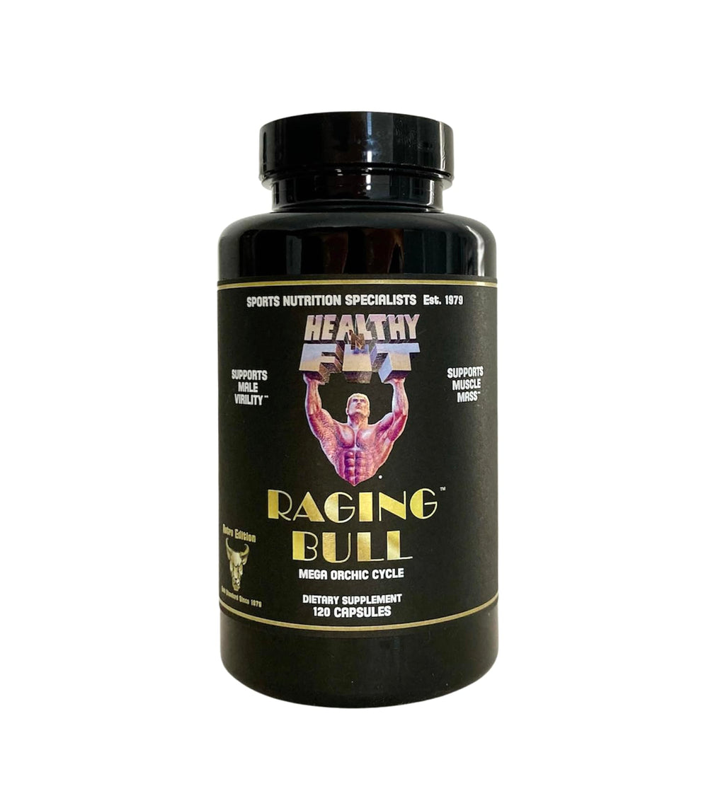 Healthy 'N Fit Raging Bull Mega Orchic bottle demonstrates premium raw glandular