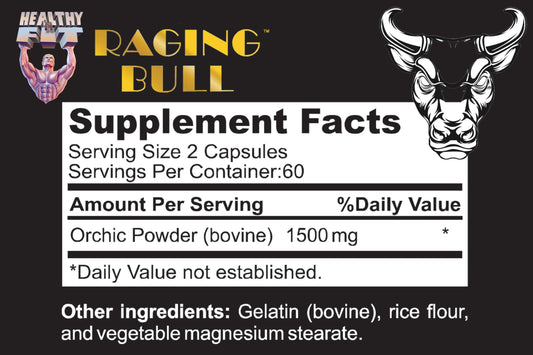 Healthy 'N Fit Raging Bull Mega Orchic label closeup highlights ingredients and purity