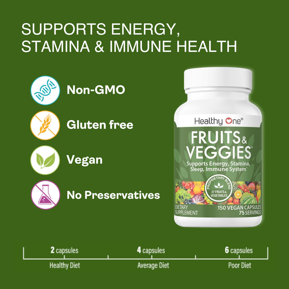 Healthy One Fruits & Veggies allergen-free tag suggests clean, plant-based nutrition.