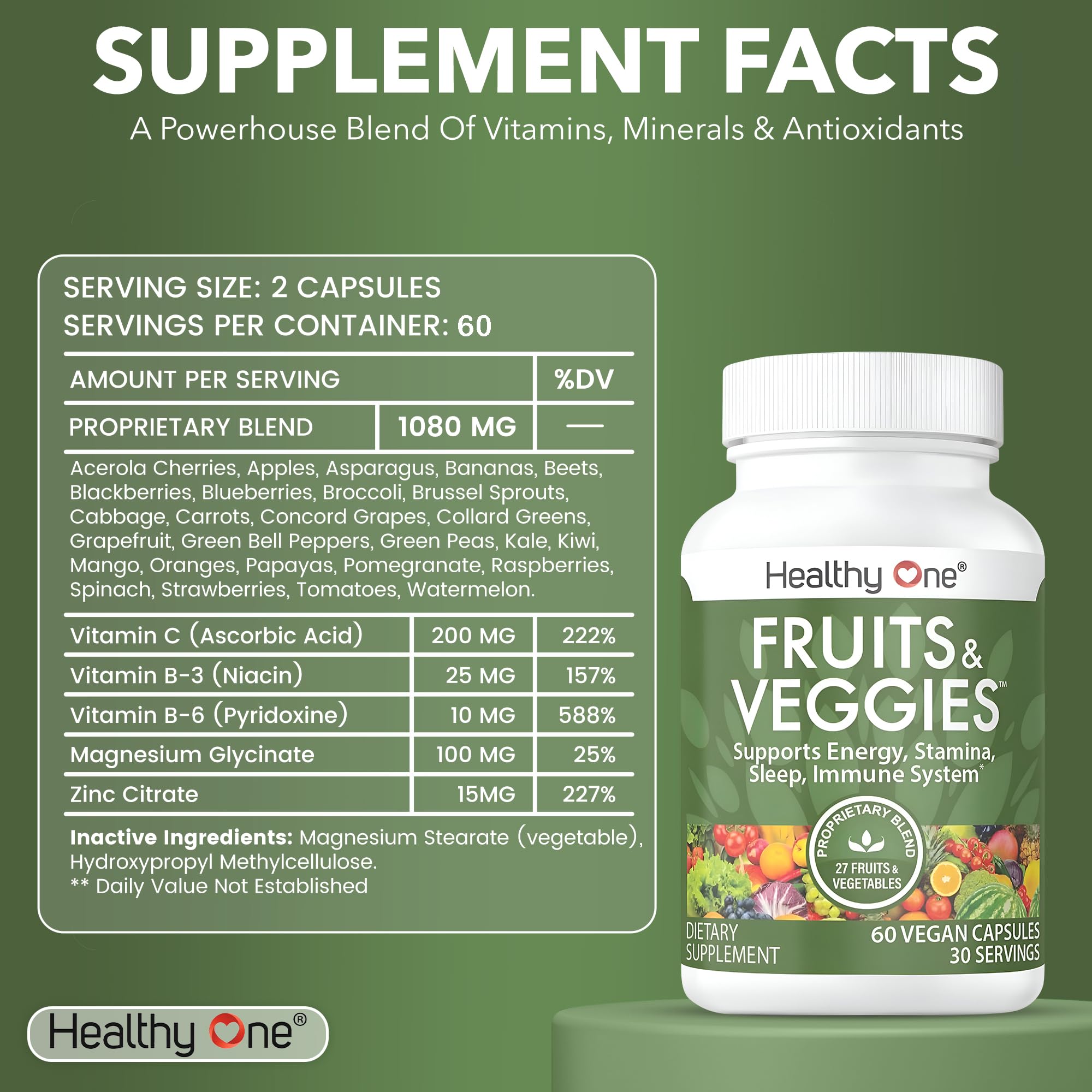 Healthy One Fruits & Veggies ingredients closeup highlights natural produce and nutrients.