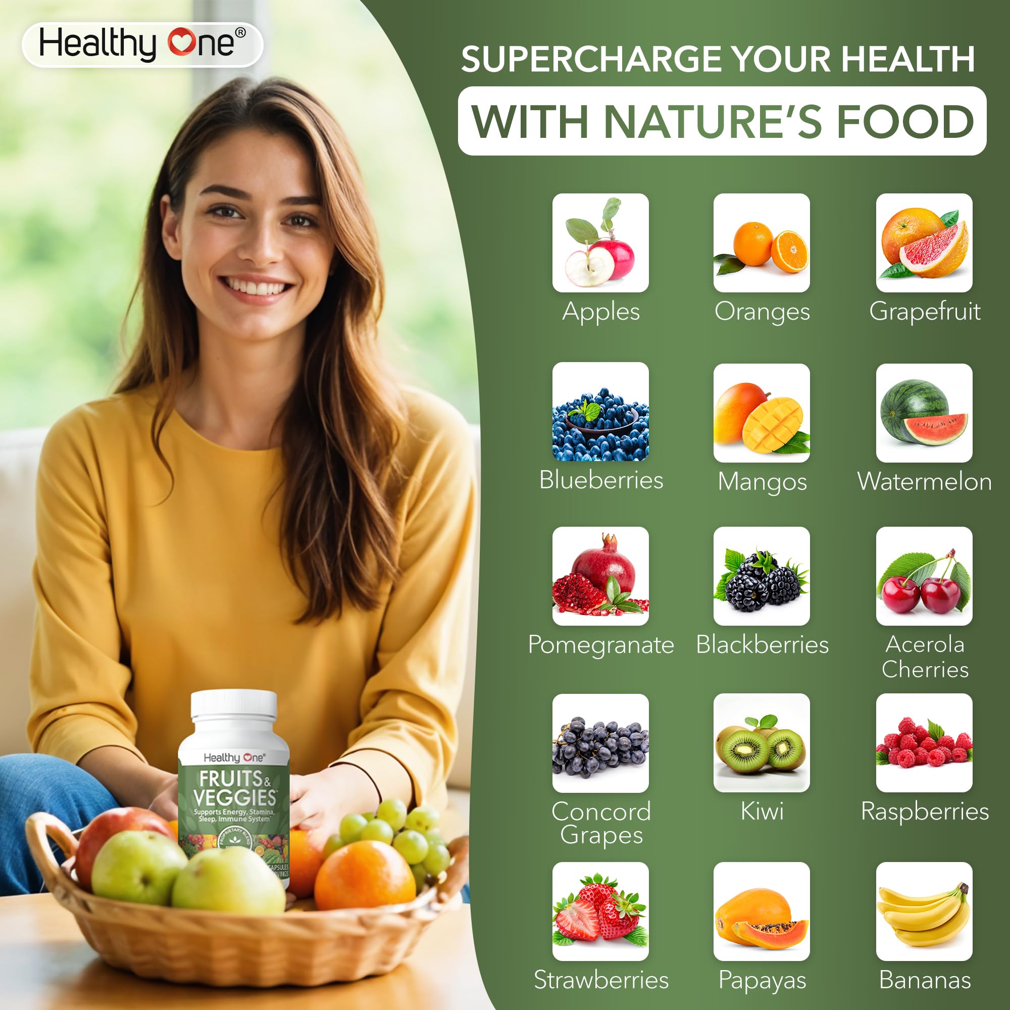 Healthy One Fruits & Veggies label scene emphasizes non-GMO and allergen-friendly traits.