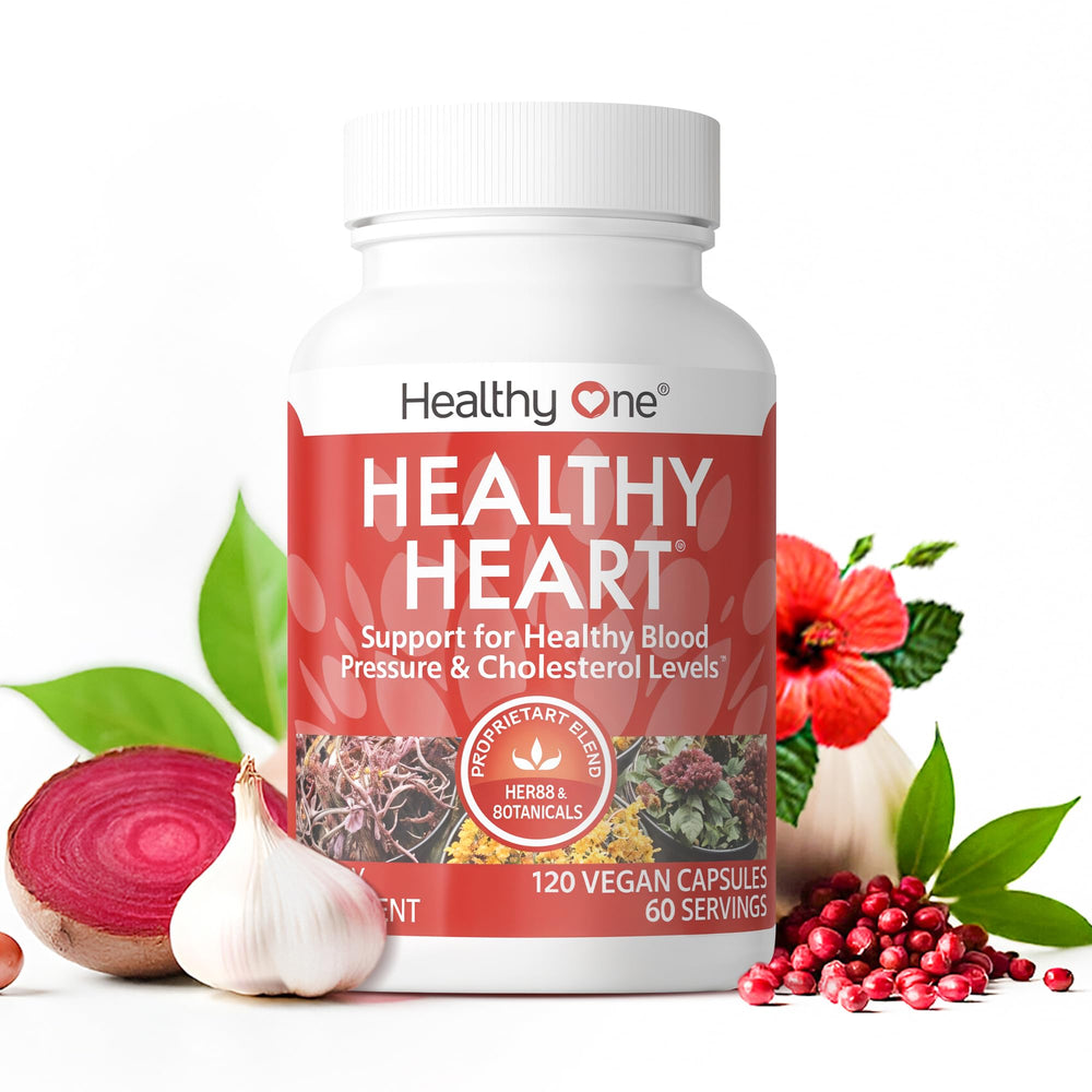 Healthy One Healthy Heart bottle shows a 120-count capsule daily use.
