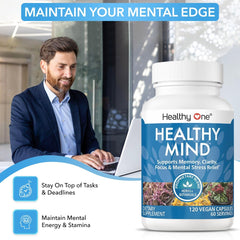 Healthy One Healthy Mind bottle label highlights ginkgo and ginseng benefits.