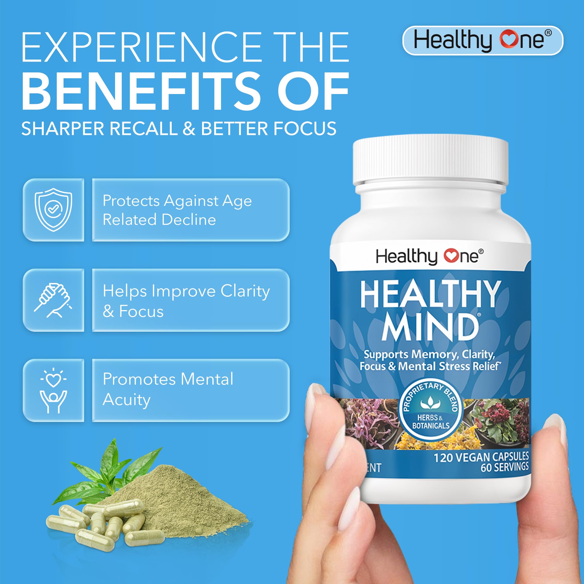 Healthy One Healthy Mind bottle pouring capsules during morning routine.