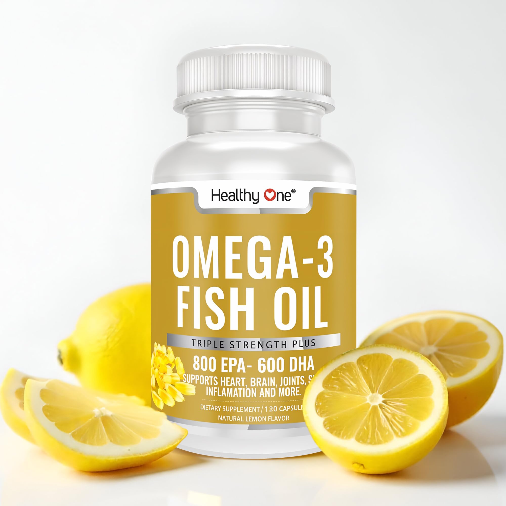 Healthy One Omega-3 lemon bottle cap highlights purity and potency for daily heart support.