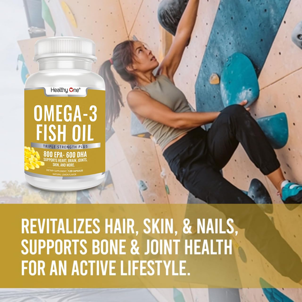 Healthy One Omega-3 real lemon flavor bottle emphasizes pleasant taste.