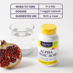 Healthy Origins Alpha Lipoic Acid bottle placed on a table for daily routine.
