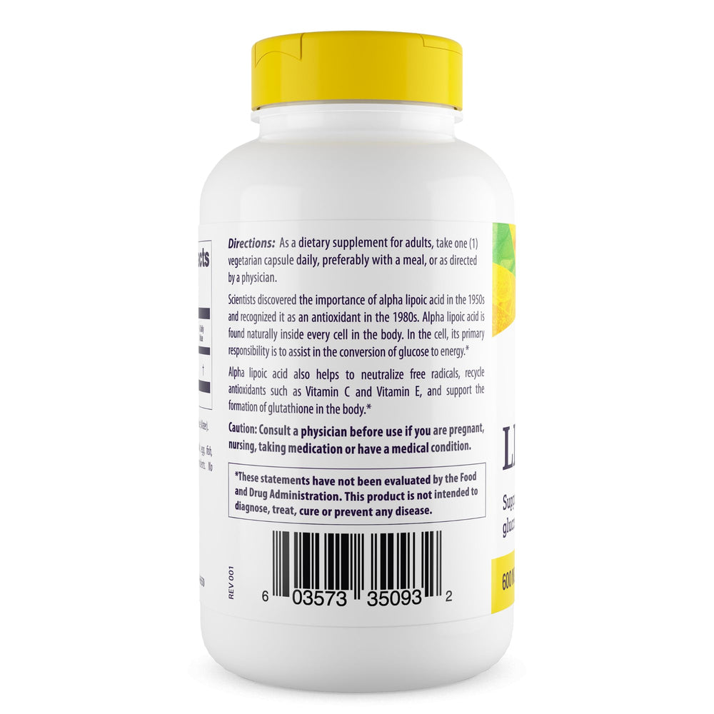 Closeup of Healthy Origins Alpha Lipoic Acid capsules showing 600 mg dosage.