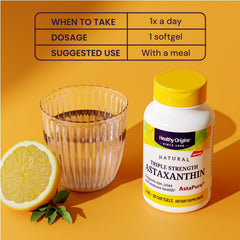 Healthy Origins Astaxanthin bottle on wood packaging.
