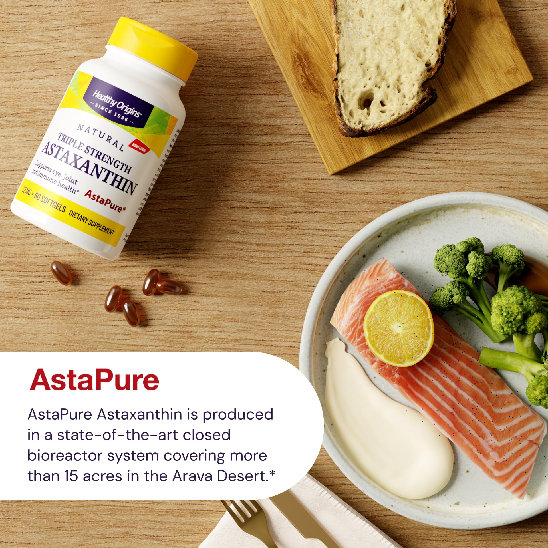 Healthy Origins Astaxanthin softgels on white background for daily dosing.