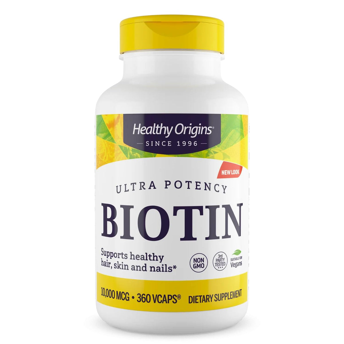 Healthy Origins Biotin 10,000 mcg bottle showing high-potency hair and nail support